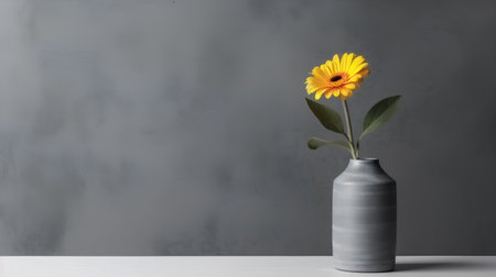 Yellow gerbera flower in vase on grey wall background.の素材