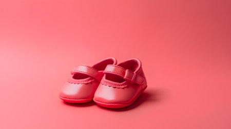Pair of pink baby shoes on a pink background. Copy space.の素材
