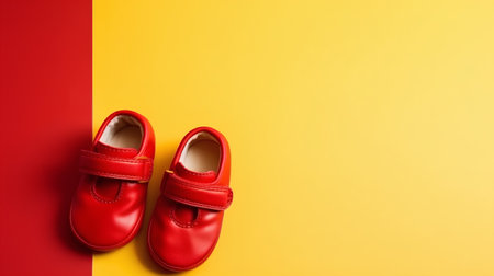 Red baby shoes on a yellow and red background. Copy space.の素材