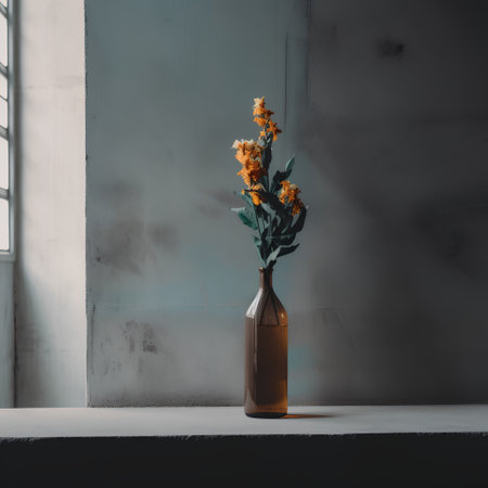 Vase with yellow flowers on concrete background. Minimalistic still life.の素材