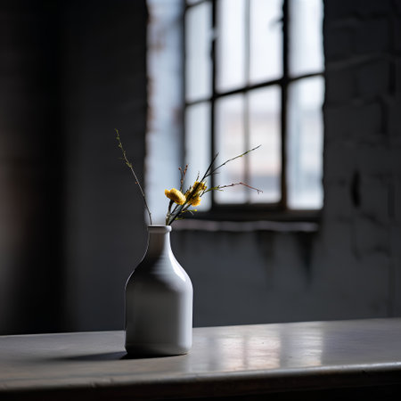 Vase with yellow flowers on the table in the interior of the roomの素材
