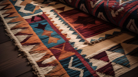 Colorful rug on a wooden background. Selective focus. Toned.の素材