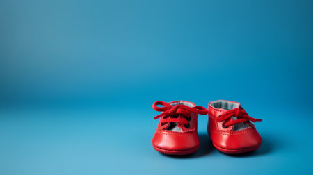 Pair of red baby shoes isolated on blue background with copy spaceの素材