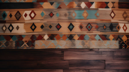 Colorful indian rug on wooden background. Boho style.の素材