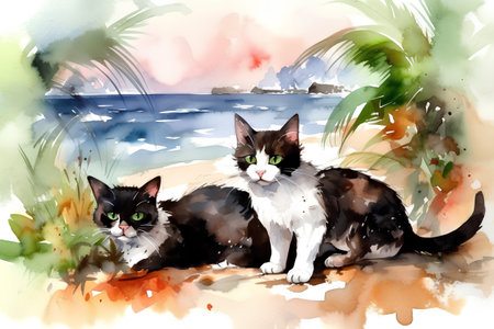 Two cats sitting on the beach. Watercolor illustration. Hand drawn.の素材