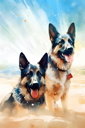 Watercolor portrait of two German Shepherd dogs on the beach. Digital painting.の素材