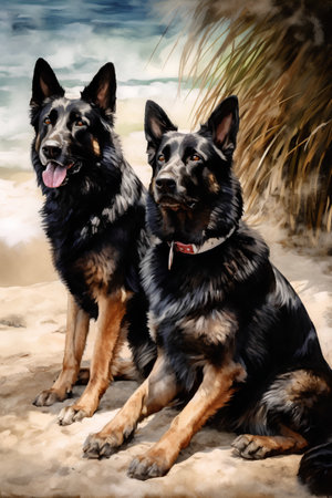 Two german shepherds sitting on the sand. Digital paintingの素材