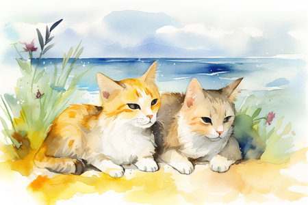 Watercolor illustration of two cats sitting on the seashore.の素材