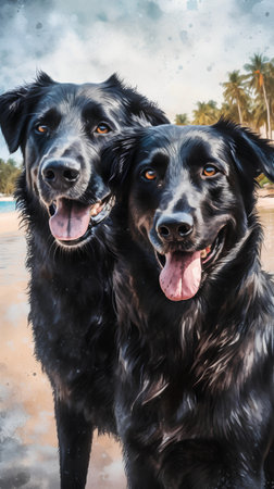 Two black dogs on the beach. Digital painting with watercolor.の素材