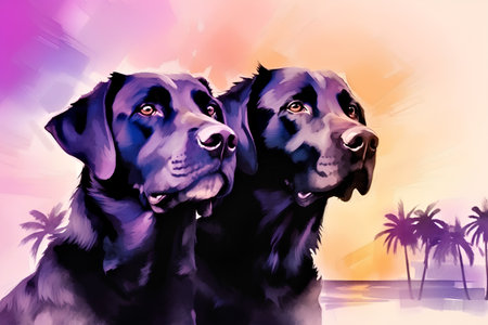 Two dogs on a background of palm trees and sea. Vector illustrationの素材