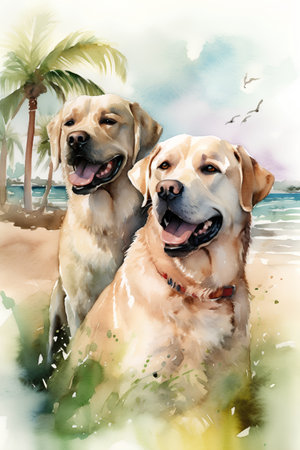 Watercolor illustration of two labrador retriever dogs on the beachの素材