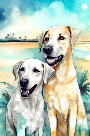 Two dogs on the beach. Hand drawn watercolor illustration for your designの素材