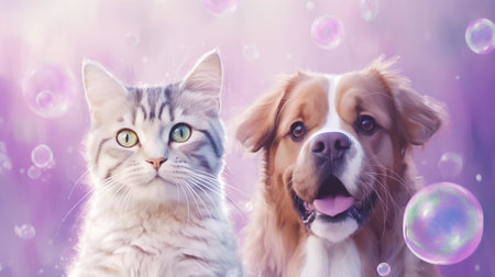 Cat and dog with soap bubbles on a violet background. Pet love concept.の素材