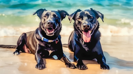 two black labrador retriever dogs sitting on the sand on the beachの素材