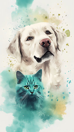 Watercolor portrait of a dog and a cat on a colored backgroundの素材
