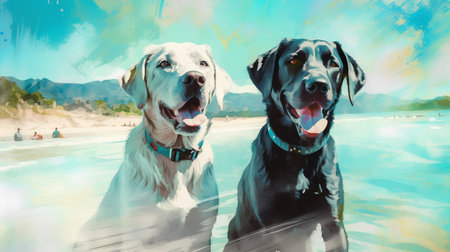 Two dogs on the beach. Watercolor painting. Digital painting.の素材