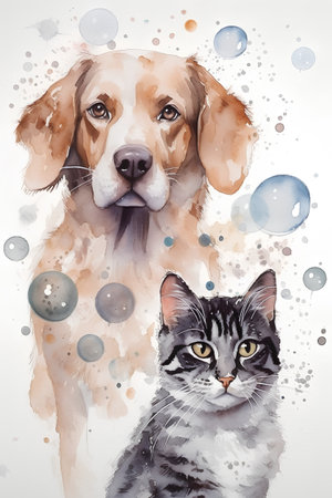 Watercolor portrait of a dog and a cat with bubbles on a white backgroundの素材