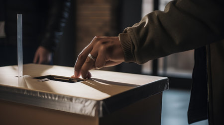 Man putting his vote in a ballot box. Selective focus.の素材