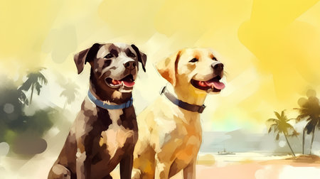 Two dogs on the beach. Digital watercolor painting on canvas.の素材