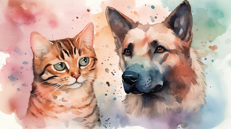 Watercolor portrait of a cat and dog on a watercolor backgroundの素材