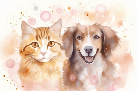 Watercolor portrait of a cat, dog and a dog on white background.の素材