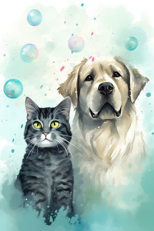 Cute dog and cat with soap bubbles. Vector watercolor illustration.の素材