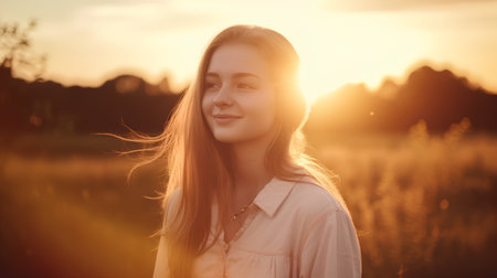 Beautiful young woman in field at sunset. Beauty, fashion.の素材