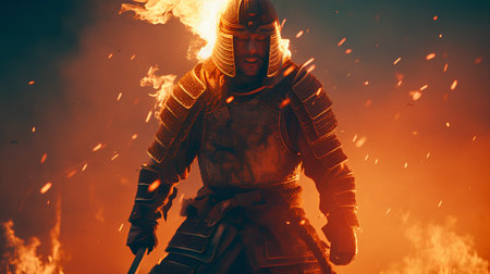 Knight in armor with fire on the background of the fire.の素材