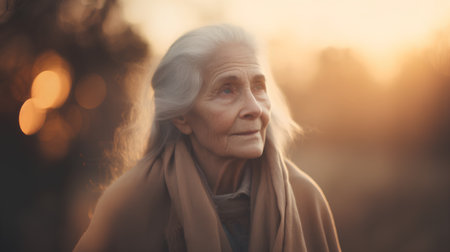 Portrait of a beautiful senior woman in the park at sunset.の素材