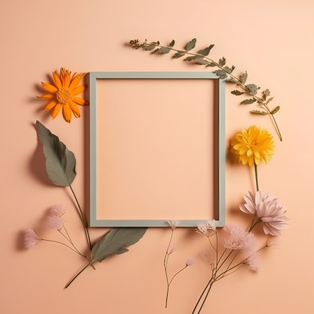 Flowers composition with frame on pastel background. Flat lay, top viewの素材
