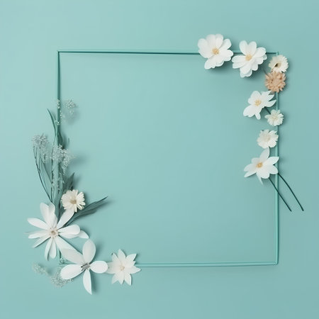 Floral frame with white flowers on turquoise background. Flat lay, top viewの素材