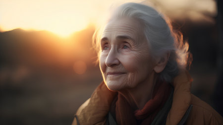 Portrait of an elderly woman at sunset in the autumn park.の素材