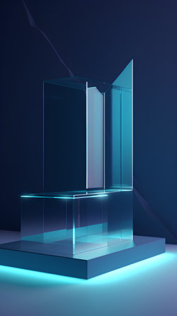 Abstract display podium in blue neon light, 3d rendering. Computer digital drawing.の素材