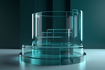 Glass round podium on a dark green background. 3d rendering.の素材