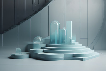 3d render, abstract background with podiums, stairs and lampsの素材