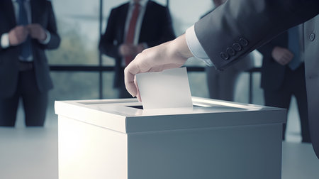close up of male hand putting voting card into the ballot box during electionsの素材