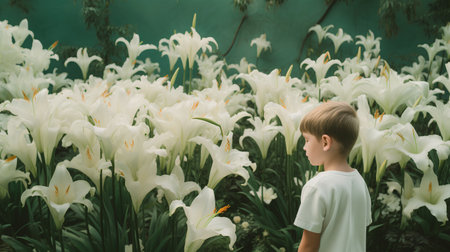 Little boy in white t-shirt among white lilies in the gardenの素材