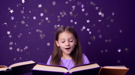 Cute little girl reading a book and stars flying out of itの素材