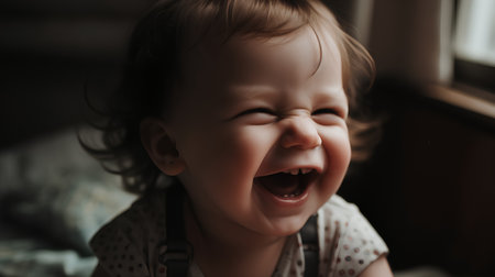Angry baby girl screaming at the window. Close up portrait.の素材