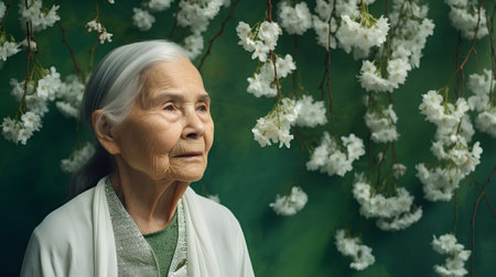 Elderly asian woman with white flowers on green background.の素材