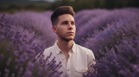 Handsome young man standing in lavender field at sunset.の素材
