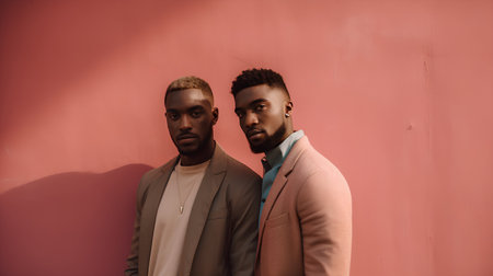 Two stylish african american men in beige coats posing against pink wallの素材