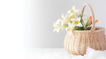 Bouquet of white lilies in a wicker basket on a white backgroundの素材