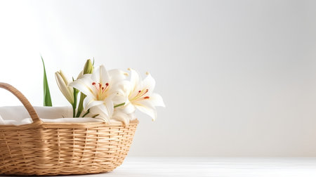 Basket with white lilies on a white background, copy spaceの素材