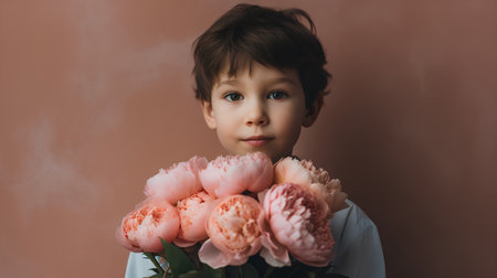 Cute little boy with bouquet of peonies on brown backgroundの素材