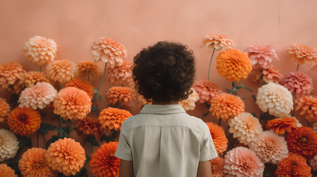 back view of african american girl looking at orange dahlia flowersの素材