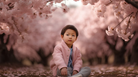 Cute asian child sitting on the ground in blooming cherry tree gardenの素材