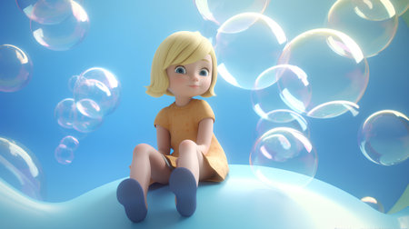 3D render of a little girl sitting on a bubble with soap bubblesの素材