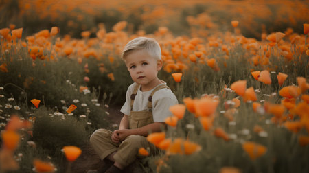 Portrait of a boy in a field of poppies.の素材