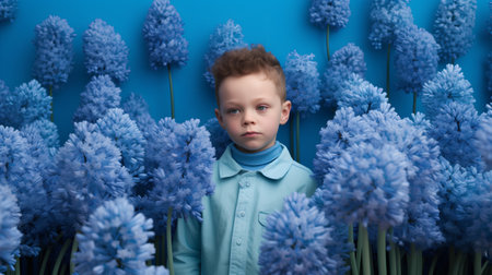 Little boy in a blue coat and blue hyacinths on a blue backgroundの素材